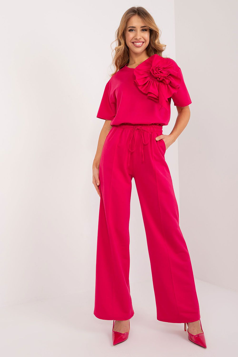 Lakerta bomullsbukser med høy midje til dame fra MS StyleHaven, laget av Bomull; polyester, farge Rosa, størrelse S/M, med short ermer, bukselengde long, perfekt til casual; dress