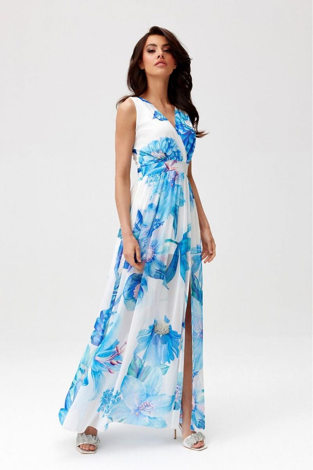 Elegant maxikjole i chiffon med åpen rygg - Roco Fashion fra MS StyleHaven, størrelse 34, med sleeveless, bukselengde long, kjolelengde maxi, kjolestil flared; sheath