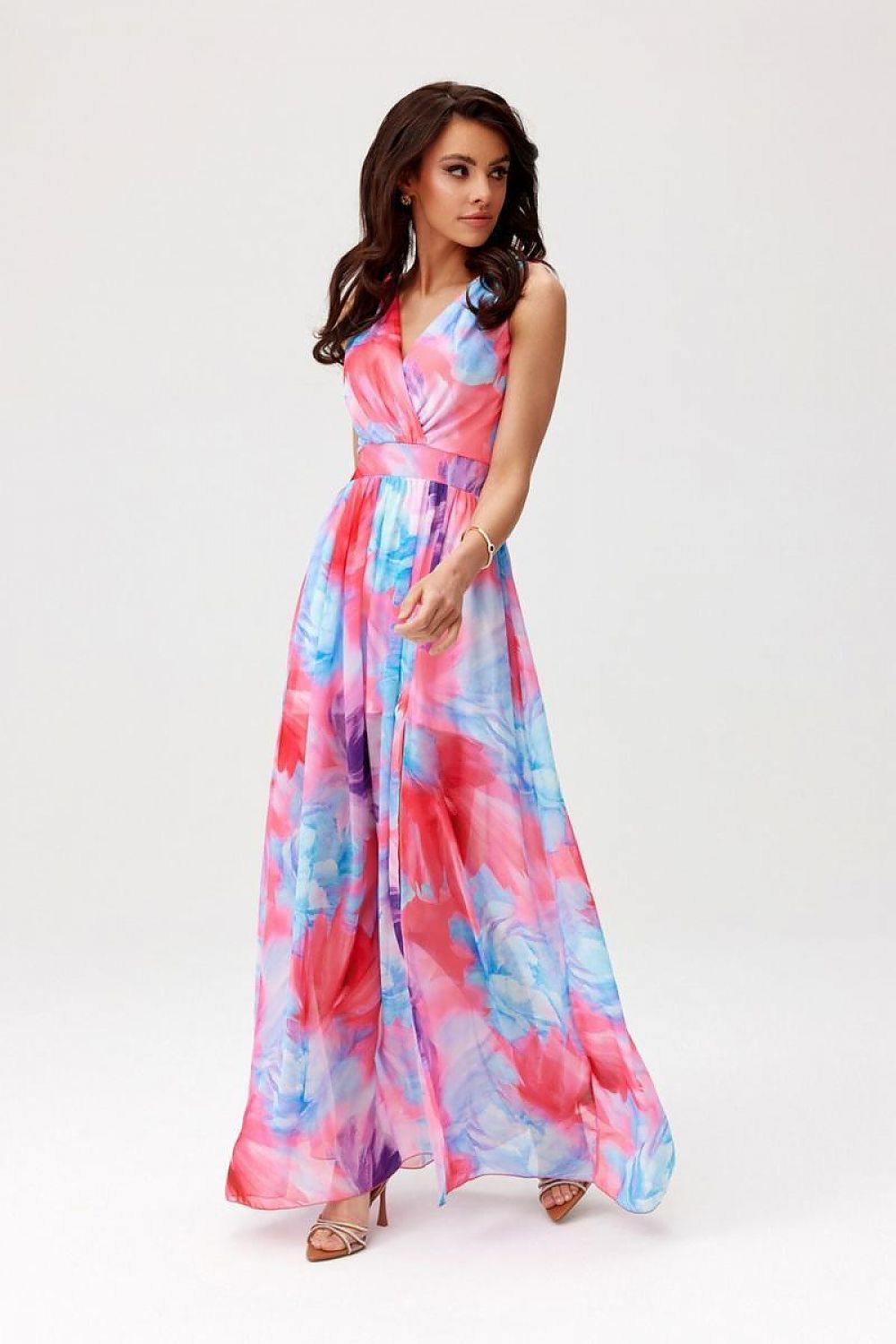 Elegant maxikjole i chiffon med åpen rygg - Roco Fashion fra MS StyleHaven, størrelse 34, med sleeveless, bukselengde long, kjolelengde maxi, kjolestil flared; sheath