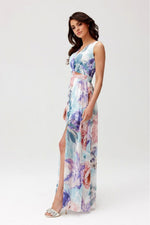 Elegant maxikjole i chiffon med åpen rygg - Roco Fashion fra MS StyleHaven, størrelse 38, med sleeveless, bukselengde long, kjolelengde maxi, kjolestil flared; sheath