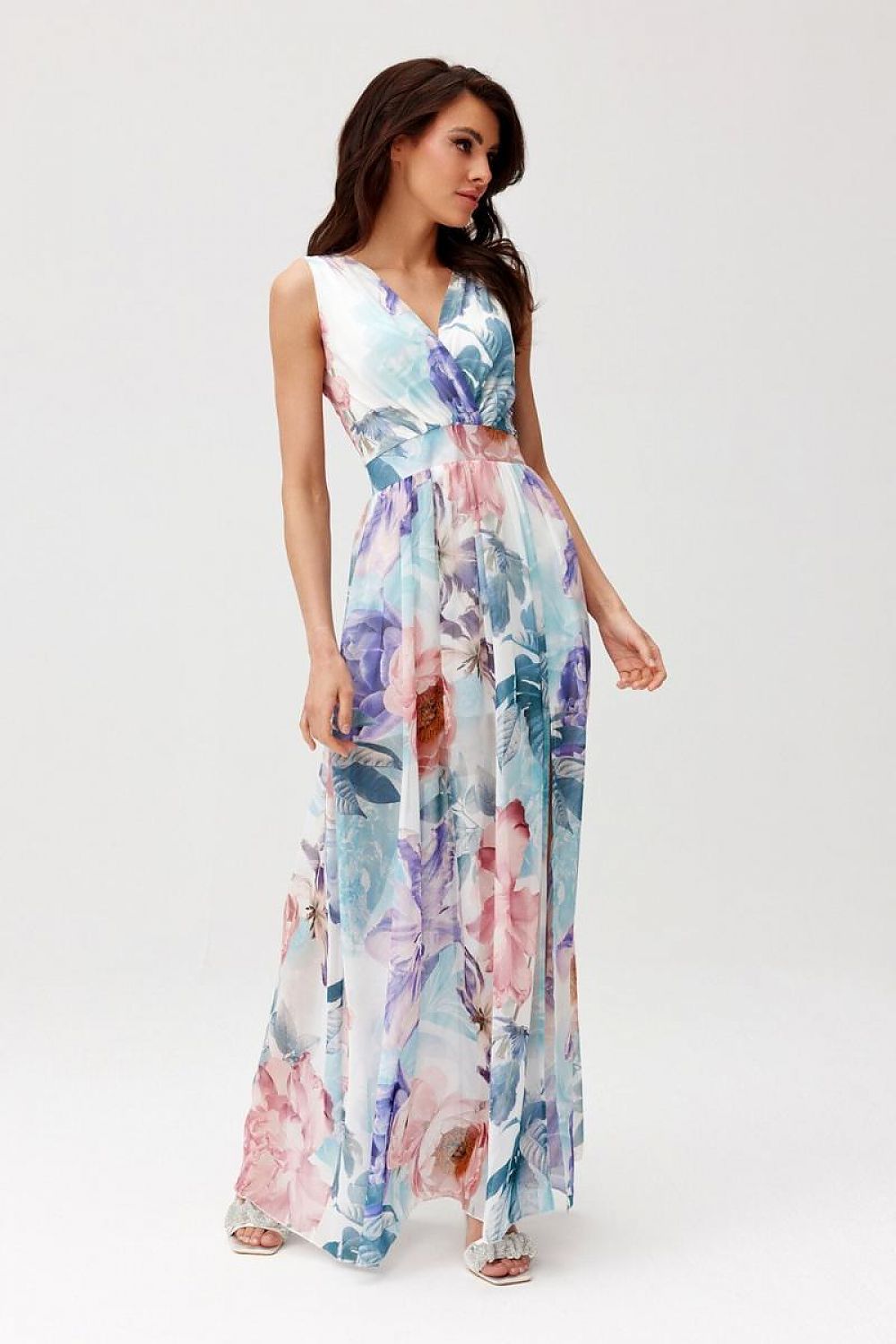 Elegant maxikjole i chiffon med åpen rygg - Roco Fashion fra MS StyleHaven, størrelse 42, med sleeveless, bukselengde long, kjolelengde maxi, kjolestil flared; sheath