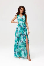 Elegant maxikjole i chiffon med åpen rygg - Roco Fashion fra MS StyleHaven, størrelse 44, med sleeveless, bukselengde long, kjolelengde maxi, kjolestil flared; sheath
