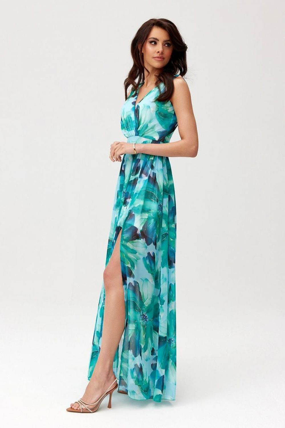 Elegant maxikjole i chiffon med åpen rygg - Roco Fashion fra MS StyleHaven, størrelse 46, med sleeveless, bukselengde long, kjolelengde maxi, kjolestil flared; sheath