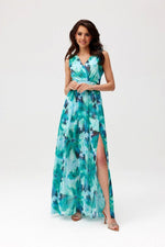 Elegant maxikjole i chiffon med åpen rygg - Roco Fashion fra MS StyleHaven, størrelse 36, med sleeveless, bukselengde long, kjolelengde maxi, kjolestil flared; sheath