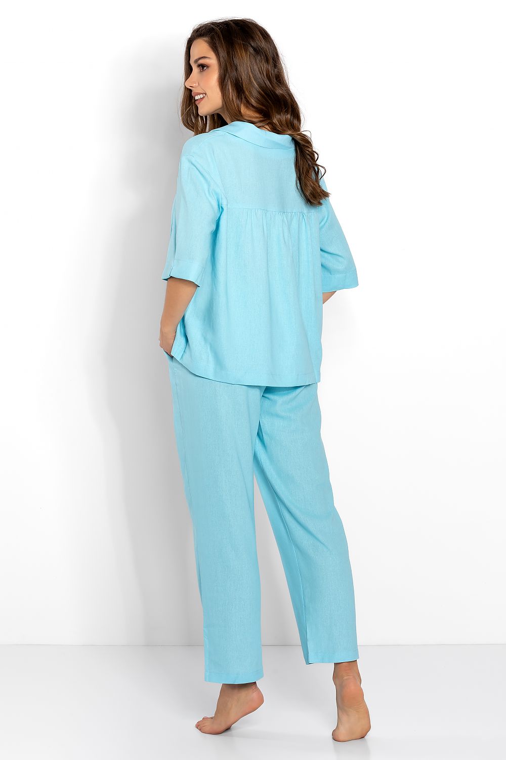 Pyjamas Momenti Per Me til dame fra MS StyleHaven, laget av Lin, farge Blå, størrelse M, med spaghetti-strap ermer, perfekt til casual; dress