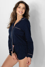 Pyjamas Momenti Per Me til dame fra MS StyleHaven, laget av Bomull; Elastan-1, farge Marineblå, størrelse s, med long ermer, perfekt til casual; dress