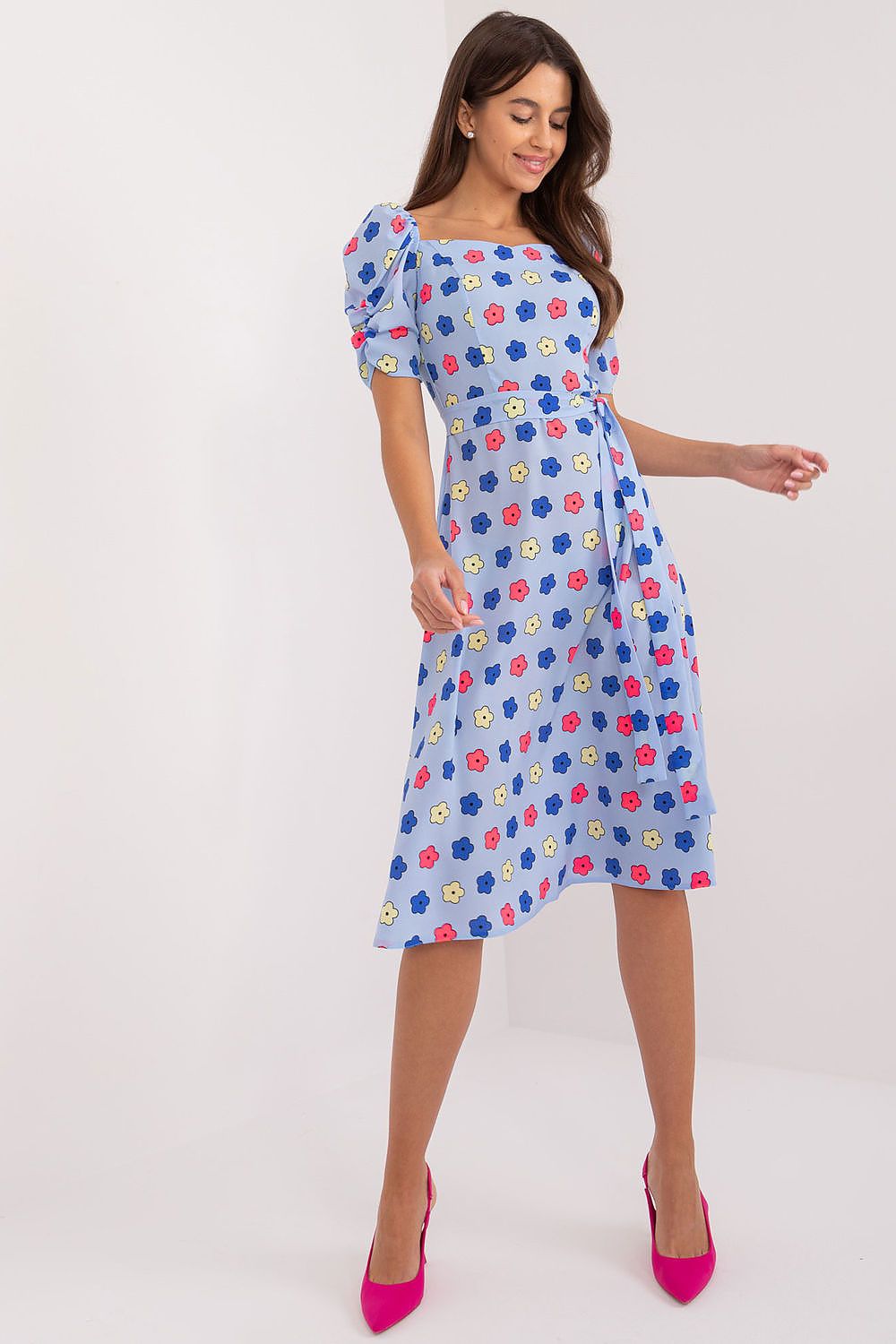 Lakerta sommer-kjole med puffermer til dame fra MS StyleHaven, laget av polyester; Viskose, farge Blå, størrelse 38, med short ermer, perfekt til casual; dress