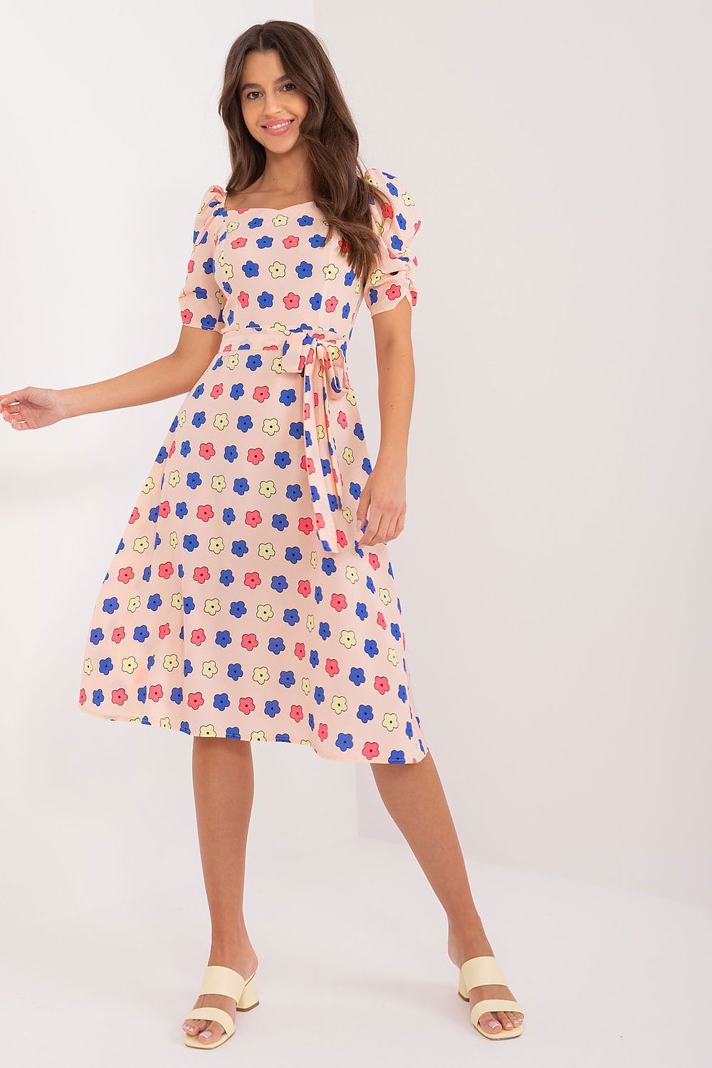 Lakerta sommer-kjole med puffermer til dame fra MS StyleHaven, laget av polyester; Viskose, farge Blå, størrelse 42, med short ermer, perfekt til casual; dress
