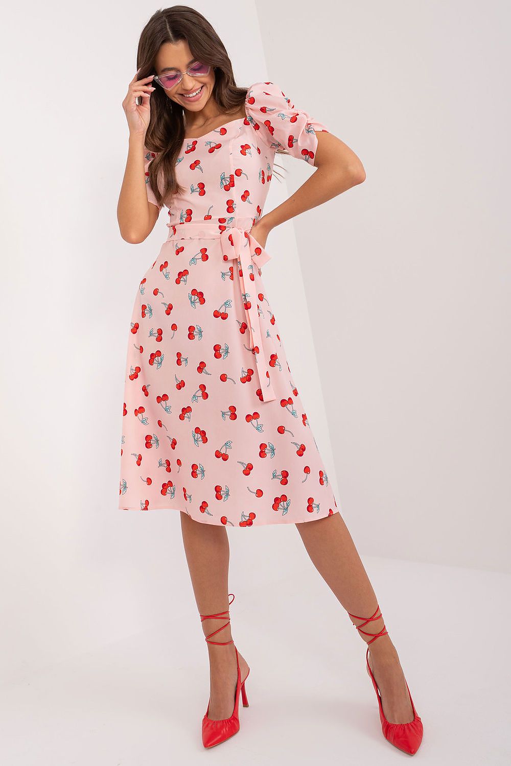 Lakerta sommer-kjole med puffermer til dame fra MS StyleHaven, laget av polyester; Viskose, farge Rosa, størrelse 40, med short ermer, perfekt til casual; dress