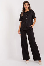Lakerta damesett med bluse og bukser med knytemidje til dame fra MS StyleHaven, laget av Bomull; Elastan-1, farge Svart, størrelse S/M, med long ermer, perfekt til casual; dress
