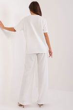 Lakerta damesett med bluse og bukser med knytemidje til dame fra MS StyleHaven, laget av Bomull; Elastan-1, farge Hvit, størrelse S/M, med long ermer, perfekt til casual; dress
