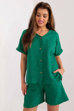 Lakerta todelt sett med skjorte og shorts til dame fra MS StyleHaven, laget av Bomull; polyester, farge Grønn, størrelse S/M, med long ermer, perfekt til casual; dress