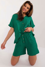 Lakerta todelt sett med skjorte og shorts til dame fra MS StyleHaven, laget av Bomull; polyester, farge Svart, størrelse S/M, med long ermer, perfekt til casual; dress