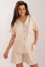 Lakerta todelt sett med skjorte og shorts til dame fra MS StyleHaven, laget av Bomull; polyester, farge beige, størrelse S/M, med long ermer, perfekt til casual; dress