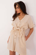 Lakerta todelt sett med skjorte og shorts til dame fra MS StyleHaven, laget av Bomull; polyester, farge beige, størrelse S/M, med long ermer, perfekt til casual; dress