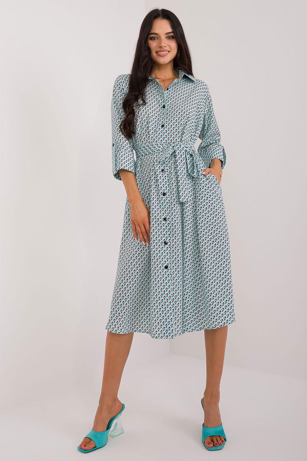 Vår skjortekjole med belte - Lakerta til dame fra MS StyleHaven, laget av polyester, farge Grønn, størrelse S/M, med 45720 ermer, midi lengde, kjolestil flared; shirt, perfekt til casual; dress