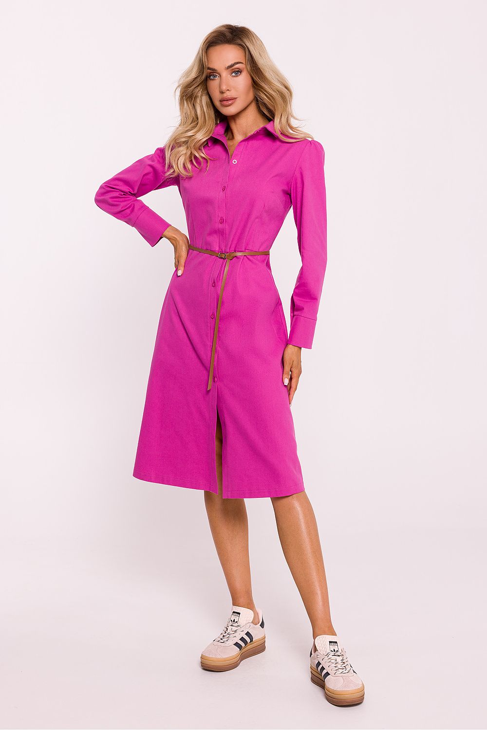 Dagkjole Moe til dame fra MS StyleHaven, laget av Bomull; polyester, farge Rosa, størrelse s, med long ermer, knee lengde, kjolestil shirt, perfekt til dress