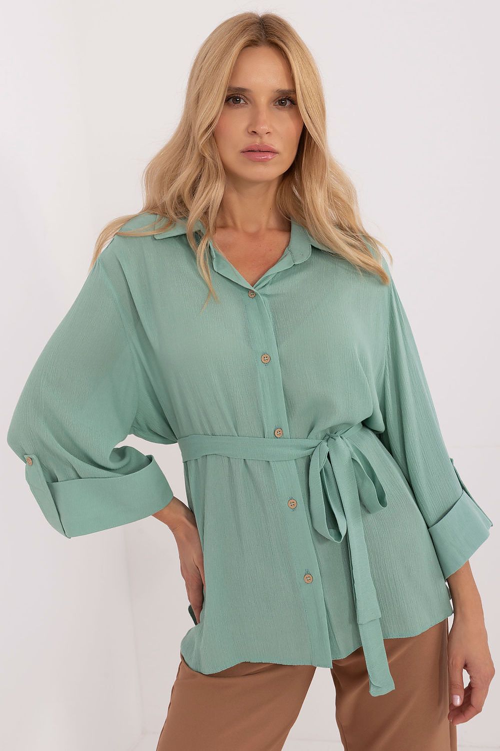 Lakerta Casual midjeskjorte til dame fra MS StyleHaven, laget av Bomull; Viskose, farge Grønn, størrelse L/XL, med long ermer, perfekt til casual; dress