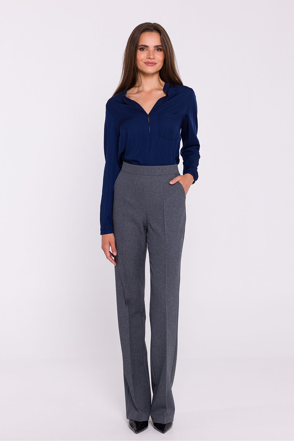 Damebukser Stylove til dame fra MS StyleHaven, laget av polyester; Elastan-1, farge Grå, størrelse s, med long ermer, bukselengde long, perfekt til dress
