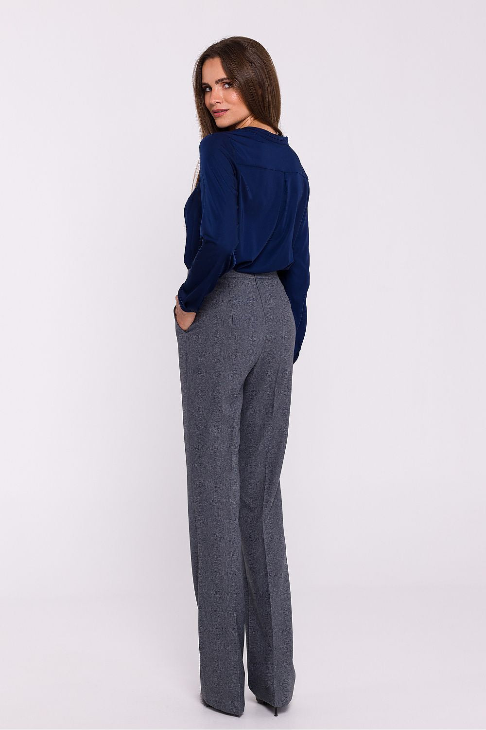 Damebukser Stylove til dame fra MS StyleHaven, laget av polyester; Elastan-1, farge Grå, størrelse L, med long ermer, perfekt til dress