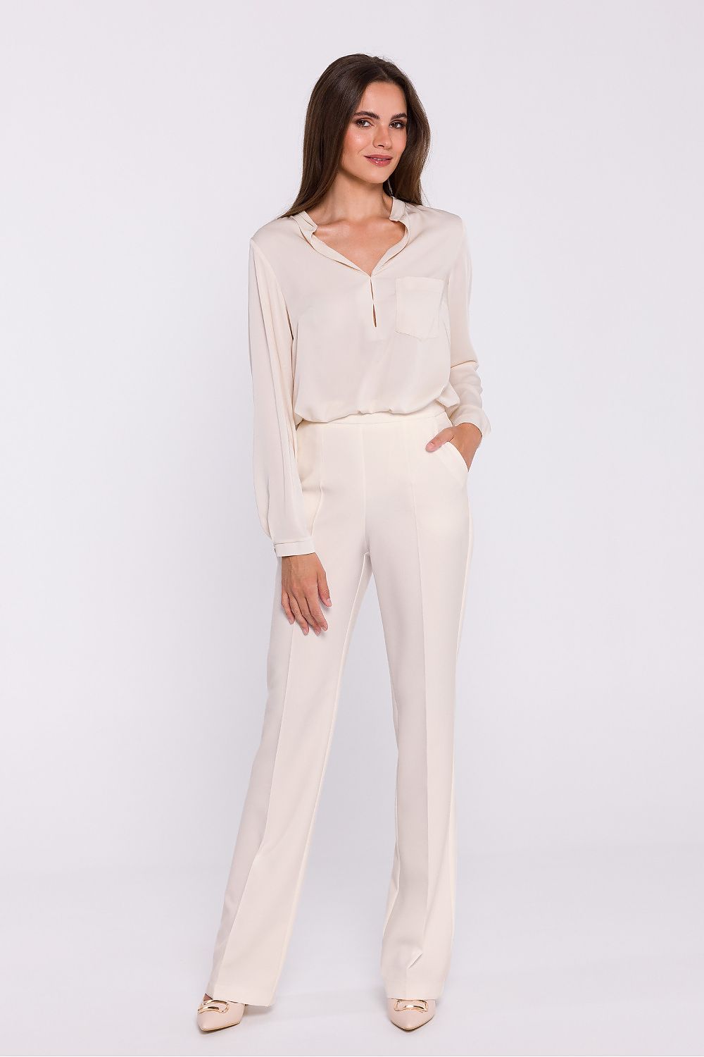 Damebukser Stylove til dame fra MS StyleHaven, laget av polyester; Elastan-1, farge Blå, størrelse L, med long ermer, perfekt til dress