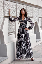 Elisa – elegant maxikjole med mønster fra Roco Fashion fra MS StyleHaven, størrelse 38, med long, bukselengde long, kjolelengde maxi, kjolestil a-line; caftan