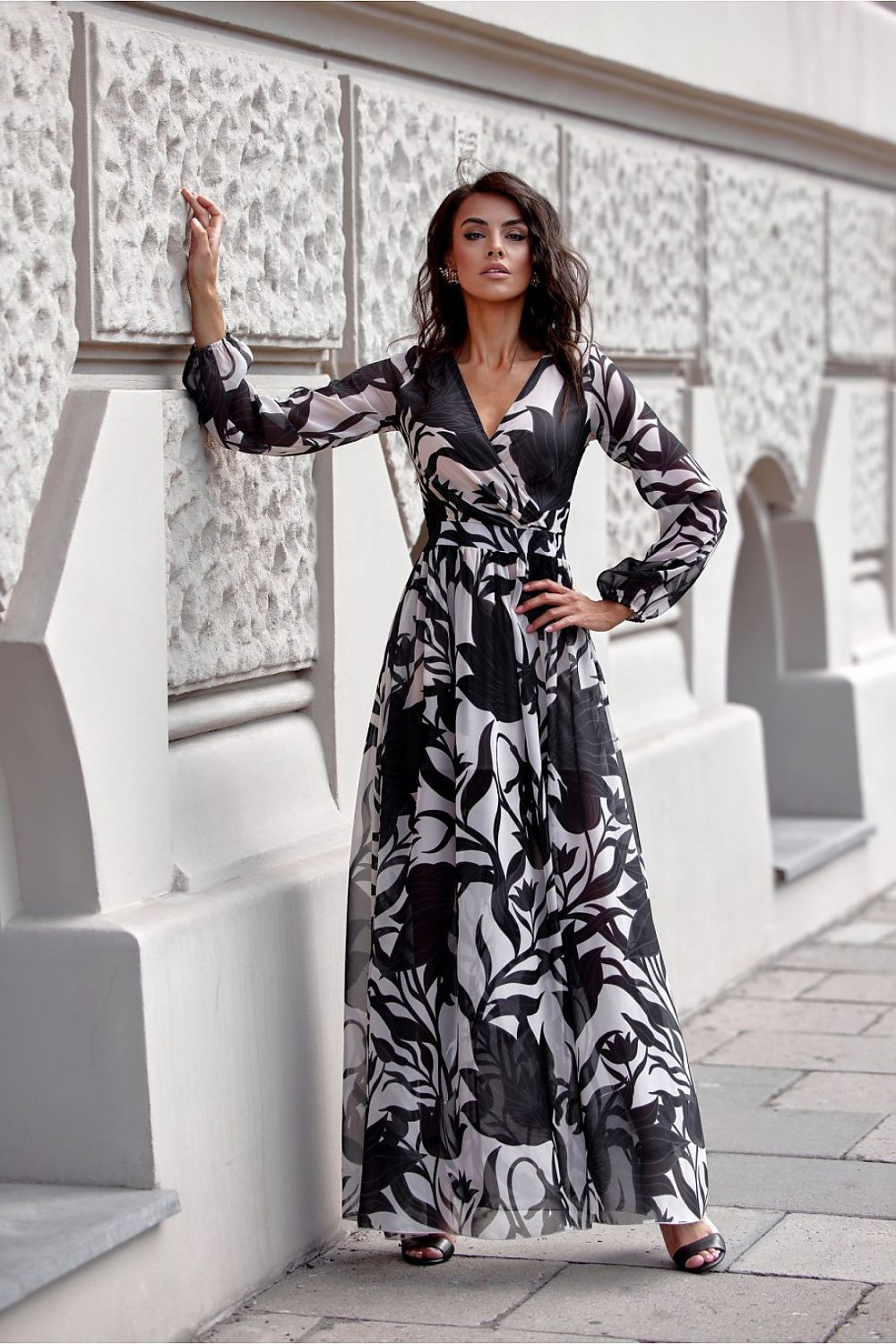 Elisa – elegant maxikjole med mønster fra Roco Fashion fra MS StyleHaven, størrelse 38, med long, bukselengde long, kjolelengde maxi, kjolestil a-line; caftan