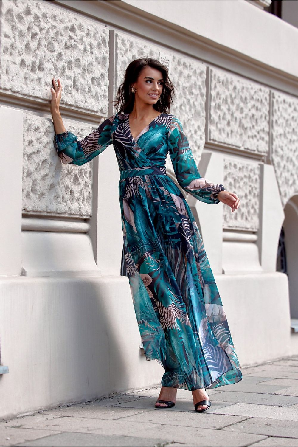 Elisa – elegant maxikjole med mønster fra Roco Fashion fra MS StyleHaven, størrelse 44, med long, bukselengde long, kjolelengde maxi, kjolestil a-line; caftan