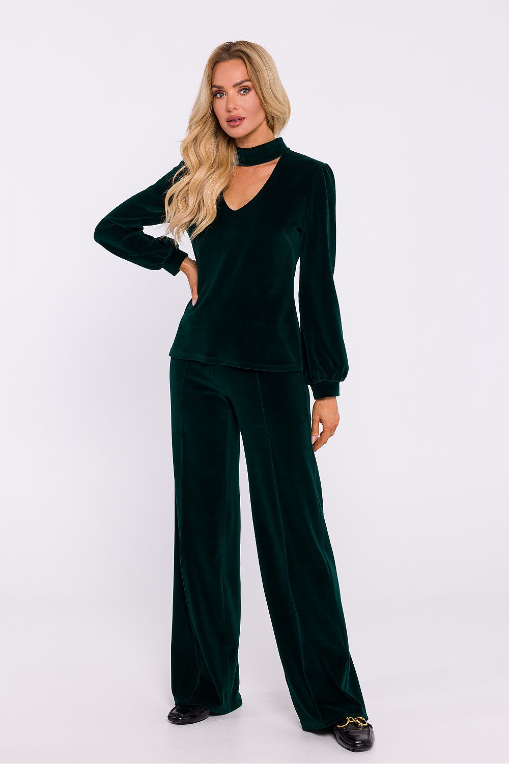 Mørk Velour Bluse - Moe til dame fra MS StyleHaven, laget av Velur, farge Grønn, størrelse M, med long ermer, perfekt til dress
