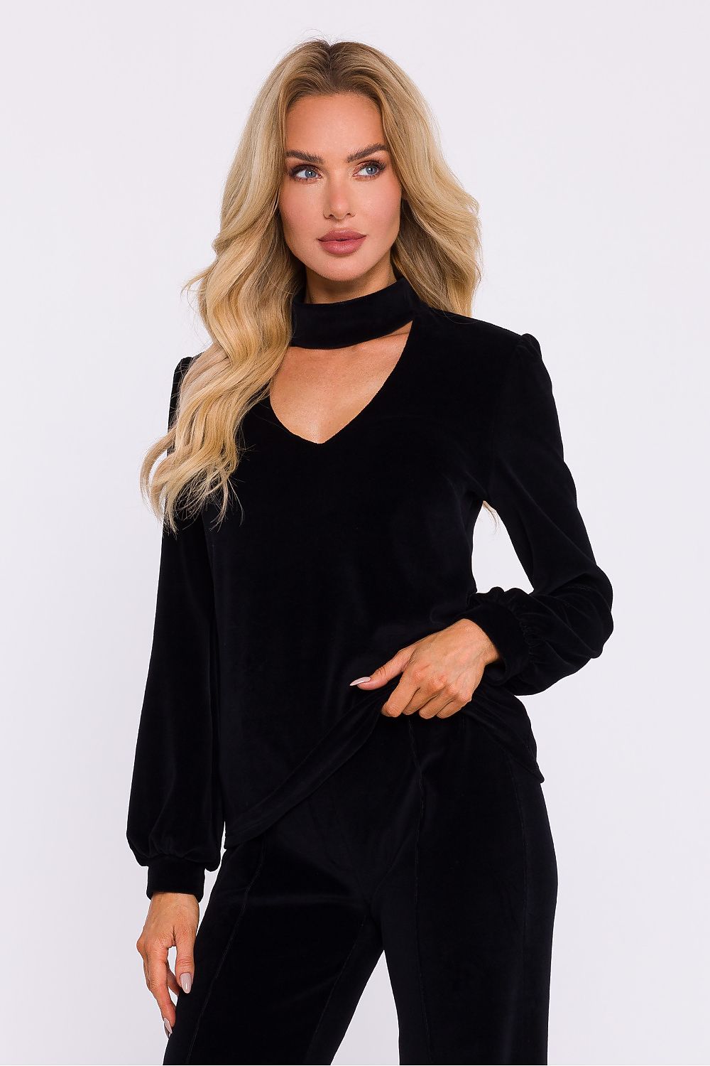 Mørk Velour Bluse - Moe til dame fra MS StyleHaven, laget av Velur, farge Grå, størrelse M, med long ermer, perfekt til dress