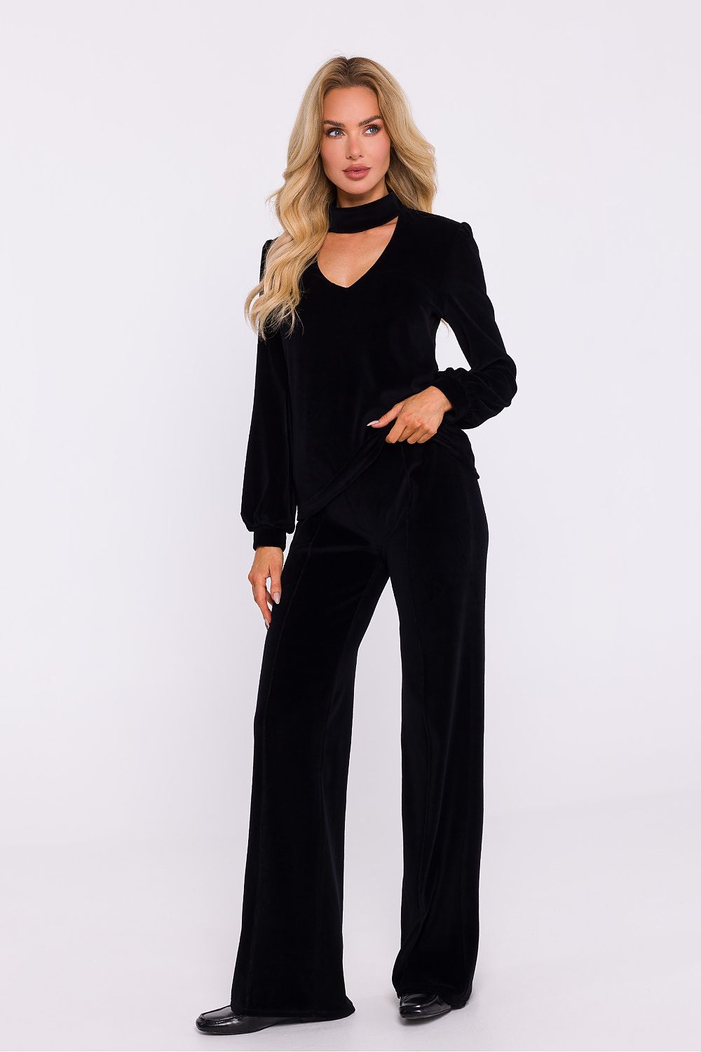 Mørk Velour Bluse - Moe til dame fra MS StyleHaven, laget av Velur, farge Grå, størrelse L, med long ermer, perfekt til dress