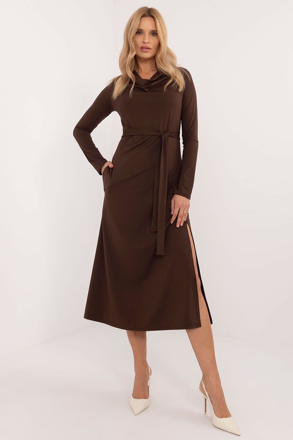 Lakerta Elegant Midi-kjole til dame til dame fra MS StyleHaven, laget av Viskose, farge Brun, størrelse L/XL, med long ermer, perfekt til casual; dress