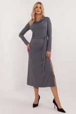 Lakerta Elegant Midi-kjole til dame til dame fra MS StyleHaven, laget av Viskose, farge Grå, størrelse L/XL, med long ermer, perfekt til casual; dress