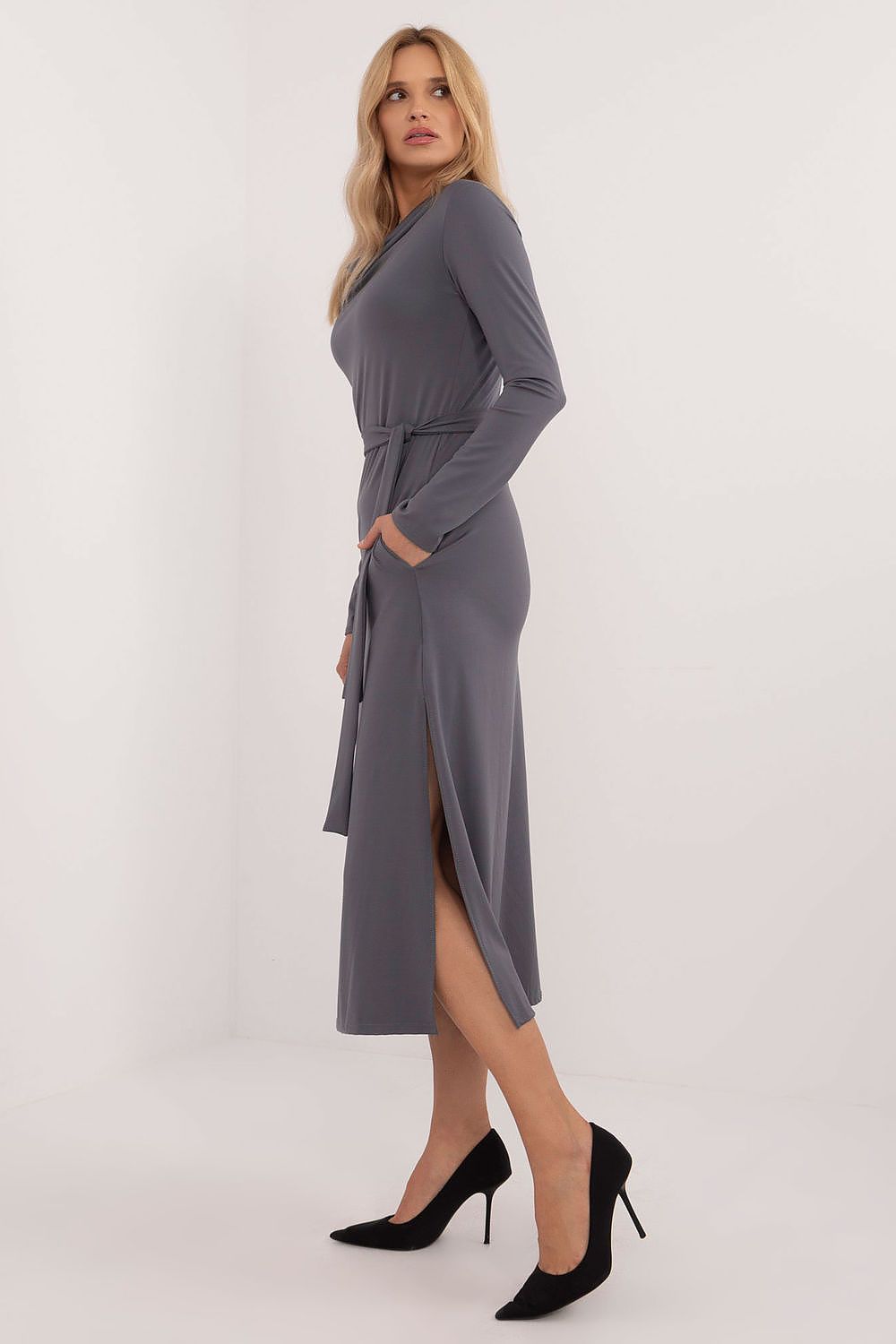Lakerta Elegant Midi-kjole til dame til dame fra MS StyleHaven, laget av Viskose, farge Grå, størrelse L/XL, med long ermer, perfekt til casual; dress