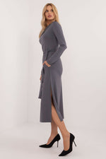 Lakerta Elegant Midi-kjole til dame til dame fra MS StyleHaven, laget av Viskose, farge Grå, størrelse L/XL, med long ermer, perfekt til casual; dress