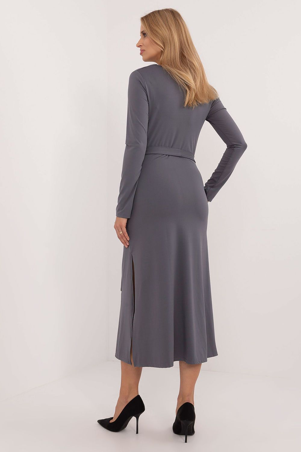 Lakerta Elegant Midi-kjole til dame til dame fra MS StyleHaven, laget av Viskose, farge Grå, størrelse L/XL, med long ermer, perfekt til casual; dress