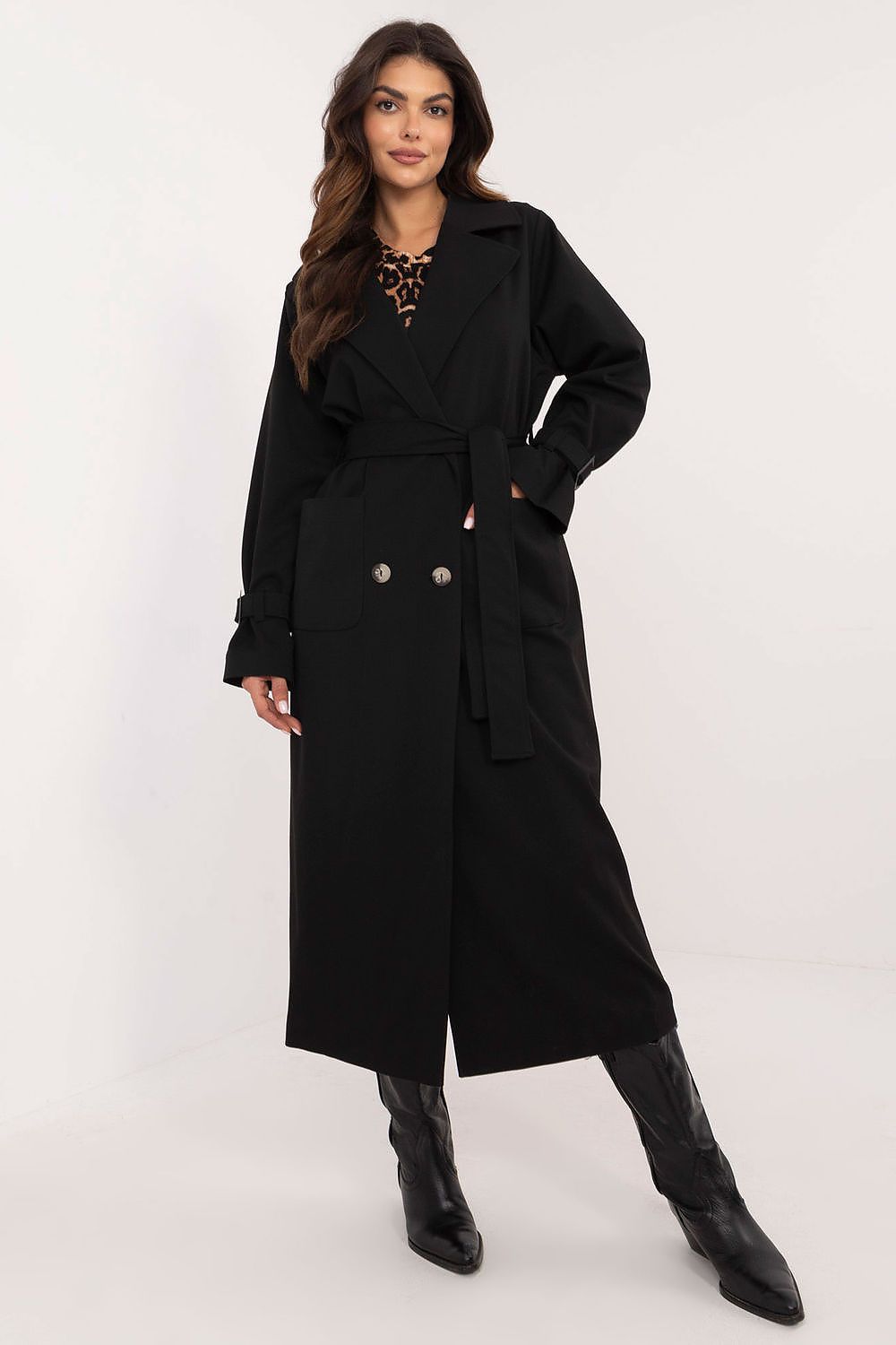 Lakerta Trench Coat i bomull til dame til dame fra MS StyleHaven, laget av Bomull, farge Svart, størrelse L/XL, med long ermer, perfekt til casual; dress
