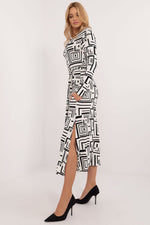 Lakerta Geometric Midi Pencil Dress til dame fra MS StyleHaven, laget av Viskose, farge Svart, størrelse L/XL, med long ermer, perfekt til casual; dress
