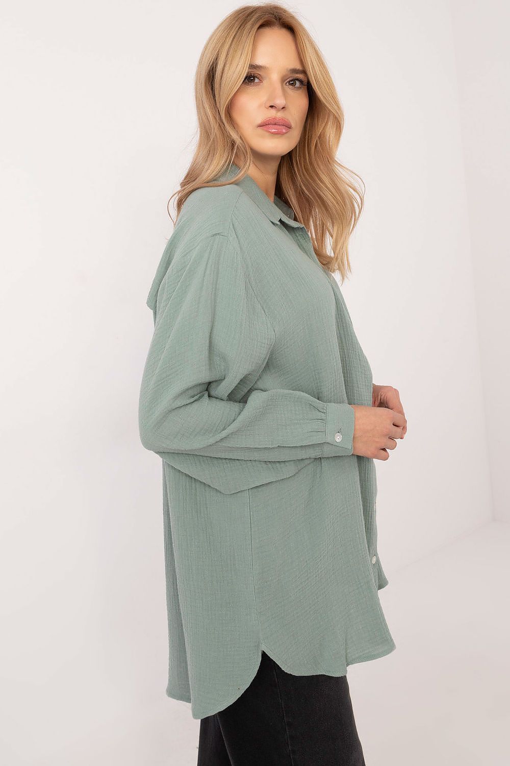 Langermet skjorte Sublevel til dame fra MS StyleHaven; laget av Bomull; farge GrÃ¸nn; stÃ¸rrelse M/L; med short ermer