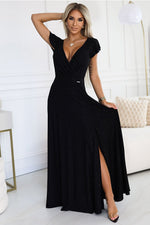 Crystal Maxi Dress fra Numoco – elegant omslagskjole med høy spalte til dame fra MS StyleHaven, laget av polyester, farge beige, størrelse S, med sleeveless; short ermer, perfekt til casual; dress