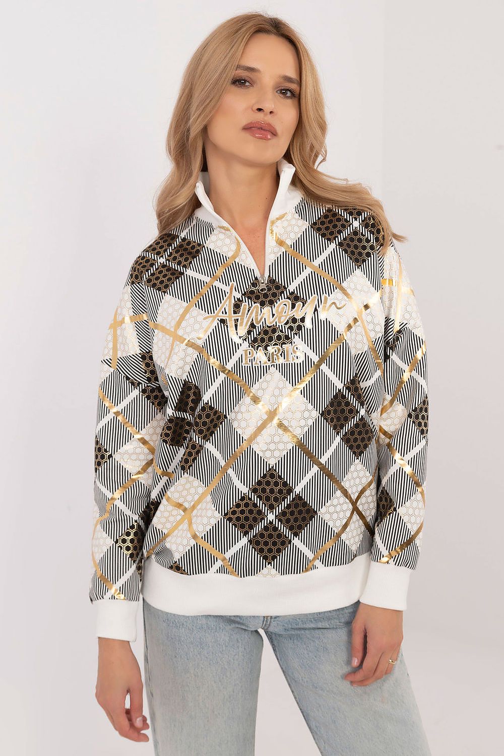 Rutete Casual Sweatshirt med Glidelåskrage - FP til dame fra MS StyleHaven, størrelse s, med long, kjolelengde knee, kjolestil sweater