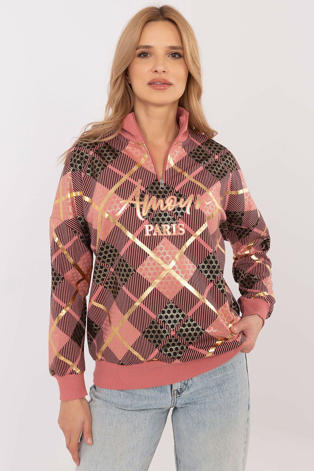 Rutete Casual Sweatshirt med Glidelåskrage - FP til dame fra MS StyleHaven, størrelse XL, med long, kjolelengde knee, kjolestil sweater