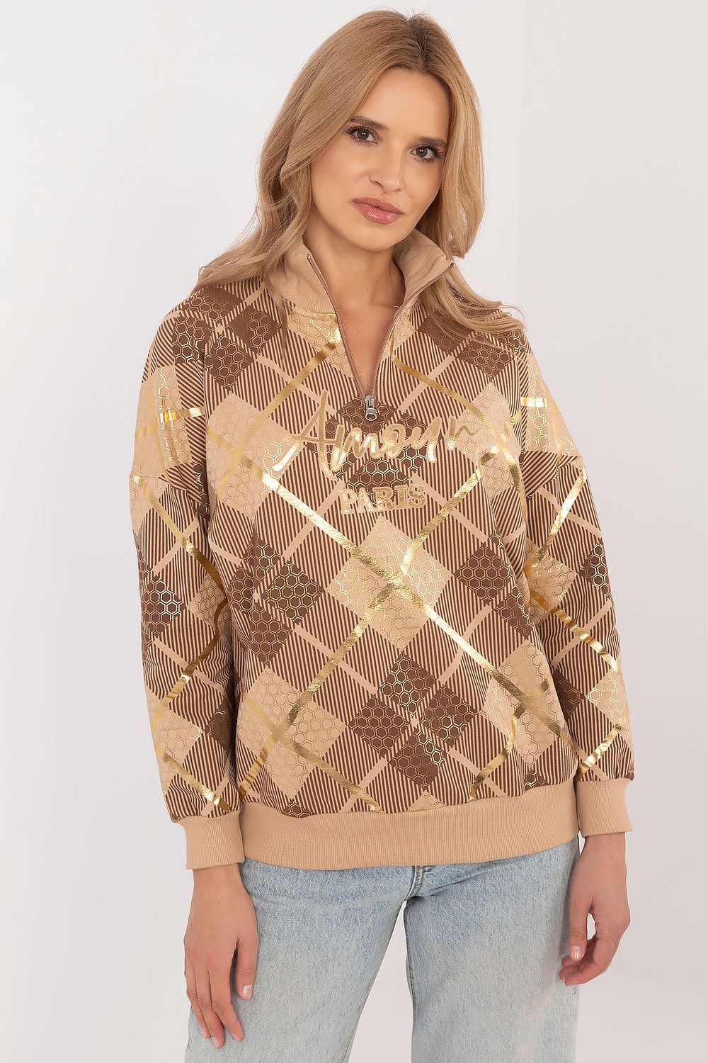 Rutete Casual Sweatshirt med Glidelåskrage - FP til dame fra MS StyleHaven, størrelse L, med long, kjolelengde knee, kjolestil sweater