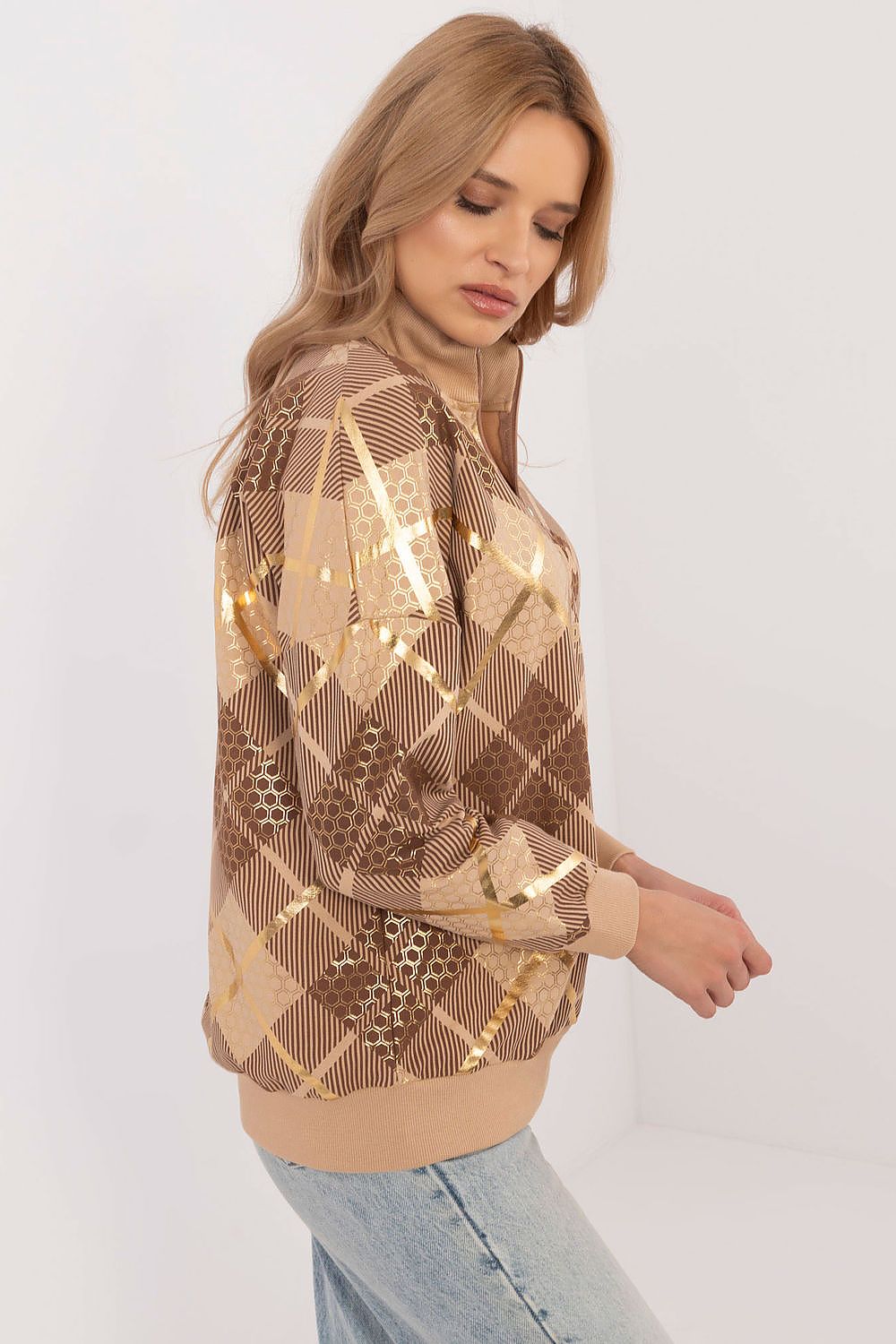 Rutete Casual Sweatshirt med Glidelåskrage - FP til dame fra MS StyleHaven, størrelse XL, med long, kjolelengde knee, kjolestil sweater