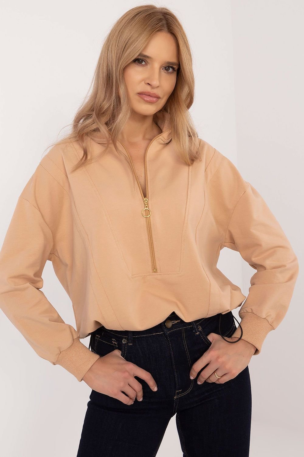 Sweatshirt med glidelås til dame fra MS StyleHaven, størrelse L, med short, bukselengde long, kjolelengde maxi, kjolestil gown; sheath