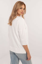 Universal bluse i bomull – 3/4 ermer til dame fra MS StyleHaven, størrelse L, med short, bukselengde long, kjolelengde mini, kjolestil wrap; a-line