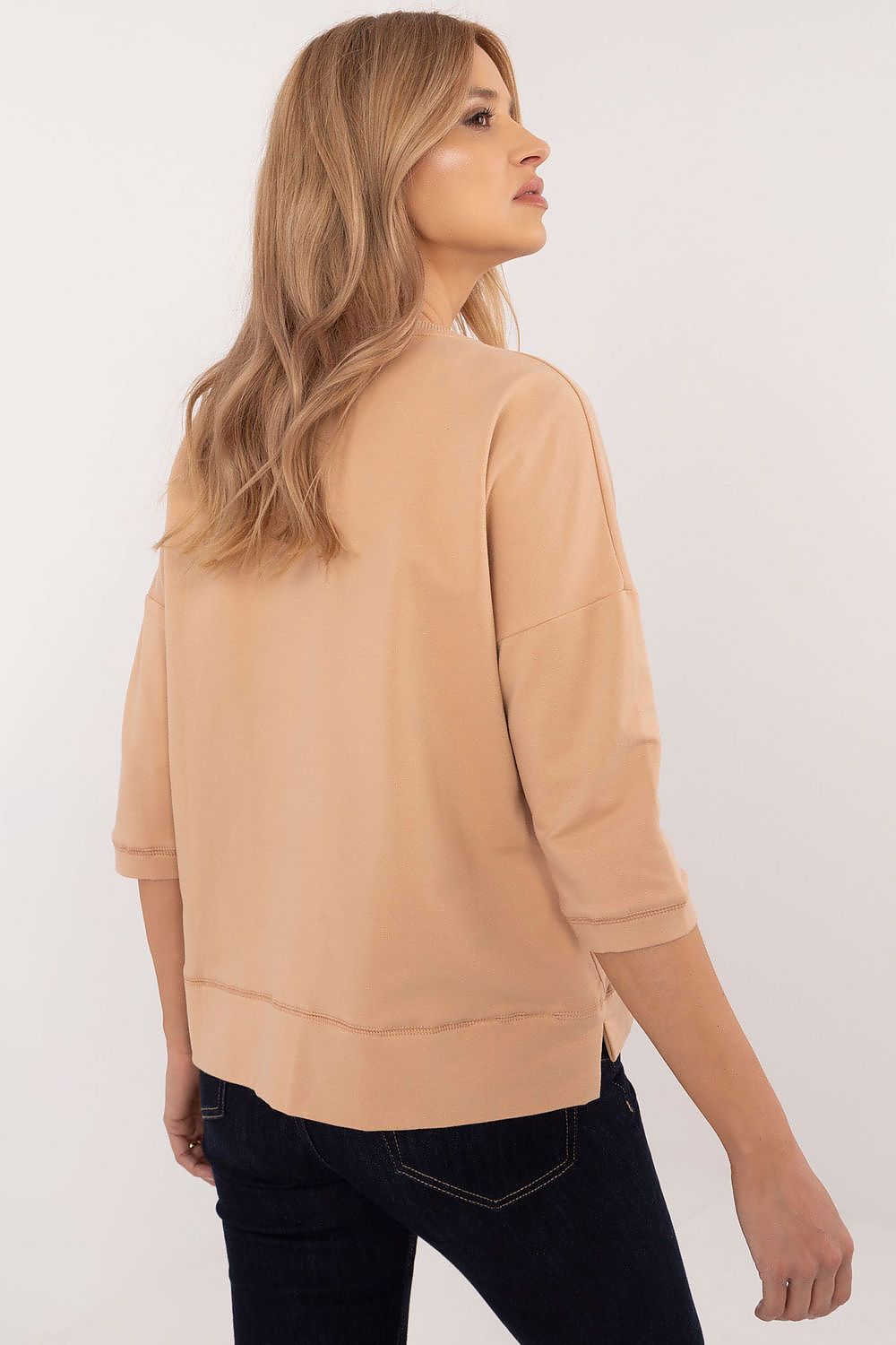Universal bluse i bomull – 3/4 ermer til dame fra MS StyleHaven, størrelse M, med short, bukselengde long, kjolelengde mini, kjolestil wrap; a-line
