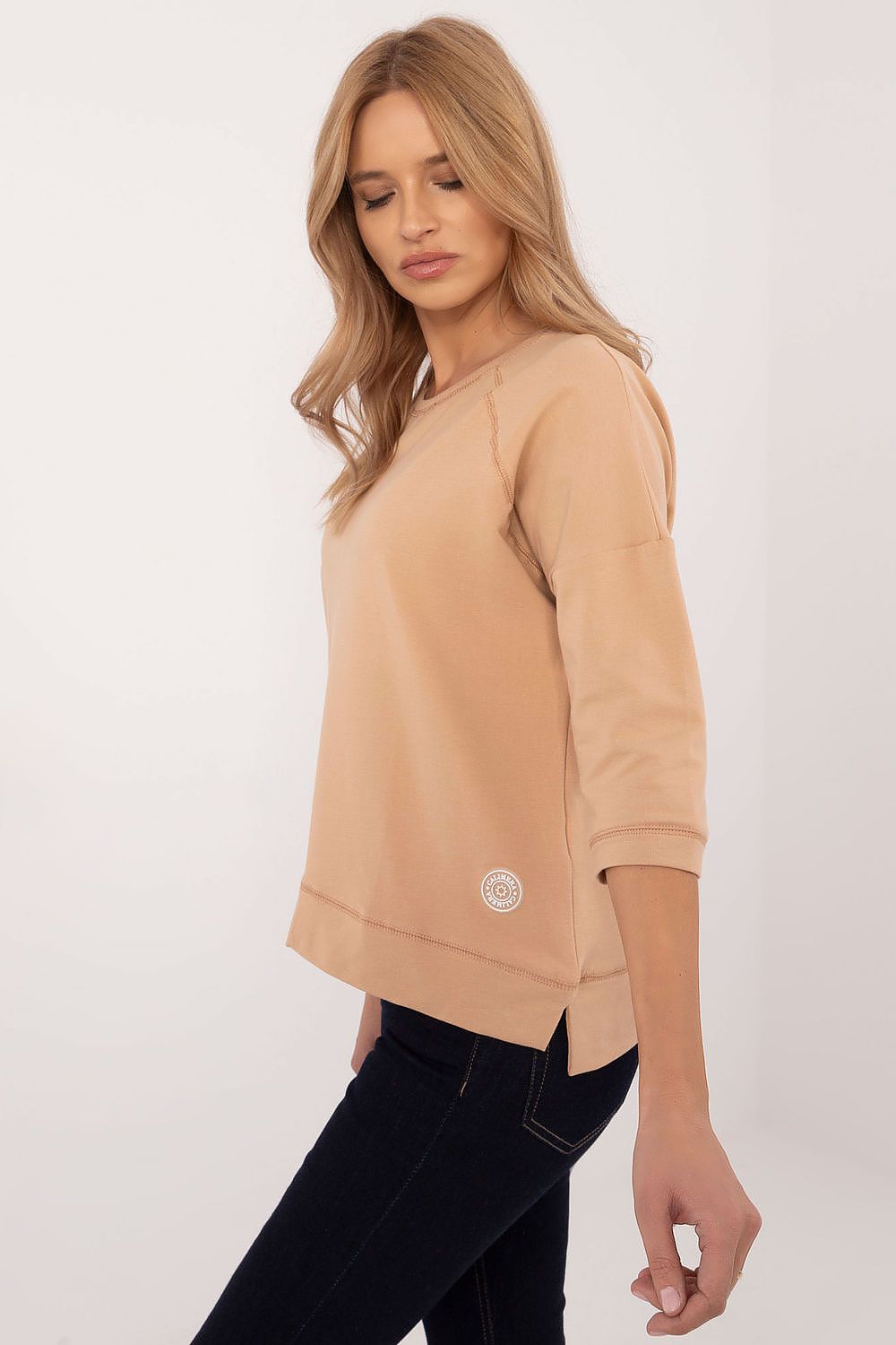 Universal bluse i bomull – 3/4 ermer til dame fra MS StyleHaven, størrelse L, med short, bukselengde long, kjolelengde mini, kjolestil wrap; a-line