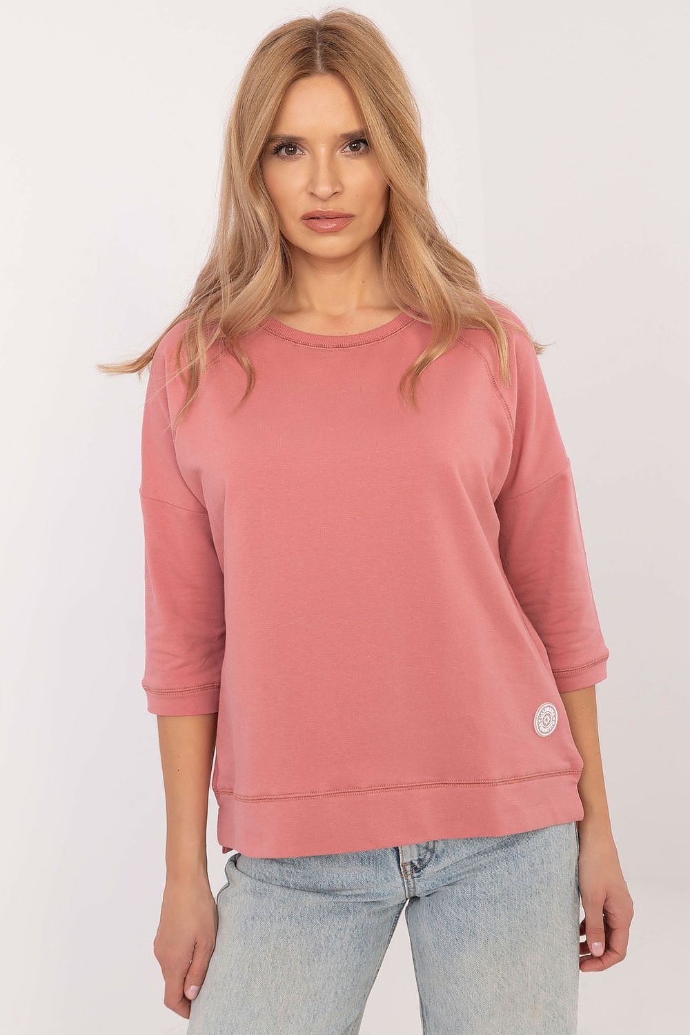 Universal bluse i bomull – 3/4 ermer til dame fra MS StyleHaven, størrelse L, med short, bukselengde long, kjolelengde mini, kjolestil wrap; a-line