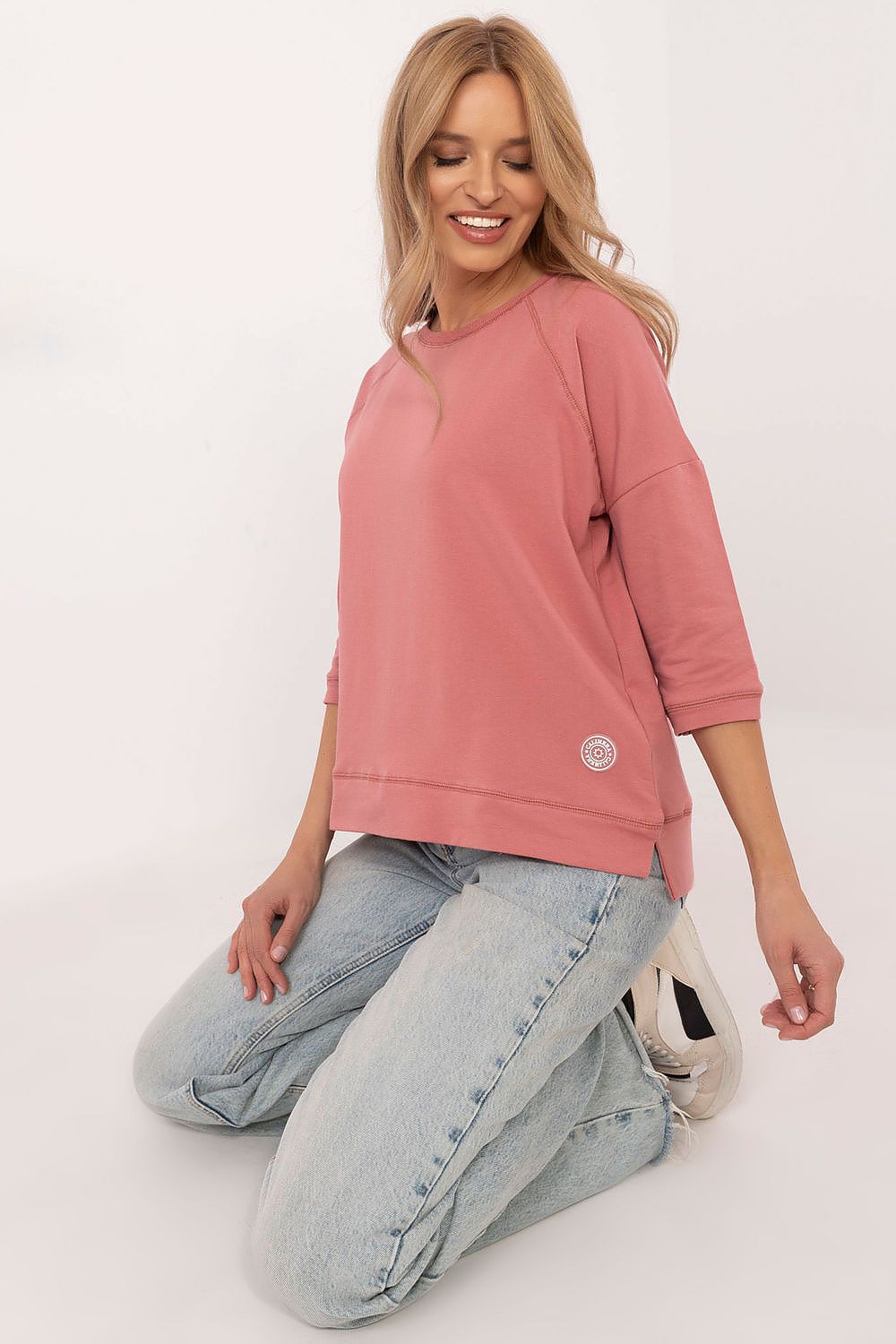 Universal bluse i bomull – 3/4 ermer til dame fra MS StyleHaven, størrelse M, med short, bukselengde long, kjolelengde mini, kjolestil wrap; a-line